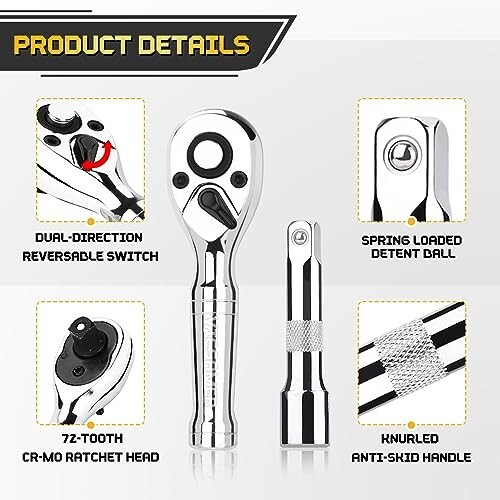 Stubby Ratchet Set 72-Tooth 3/8 Drive Ratchet Handle, Extension Bars Reversible