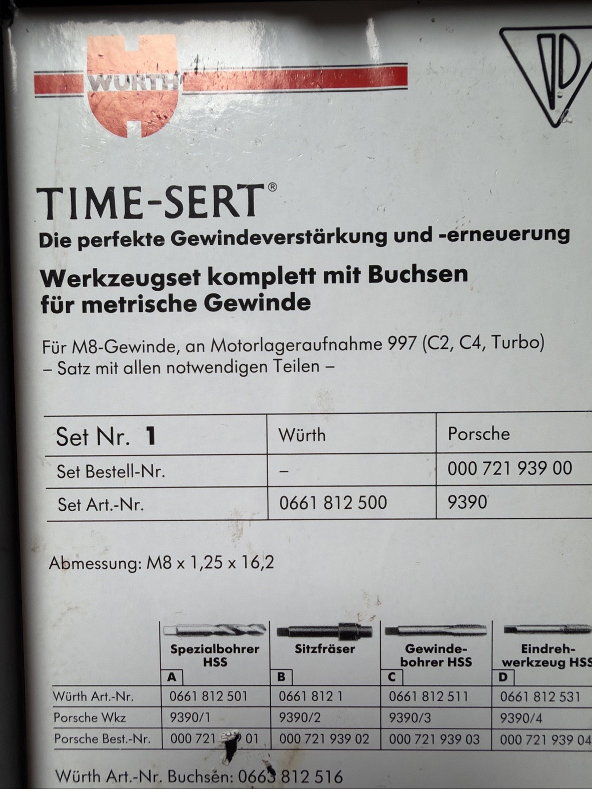 Wurth TIME SERT® Kit M8 x 1 .25×16,2 +M10 1.5 14 & 20 Porsche 997 + 2 Helicoil