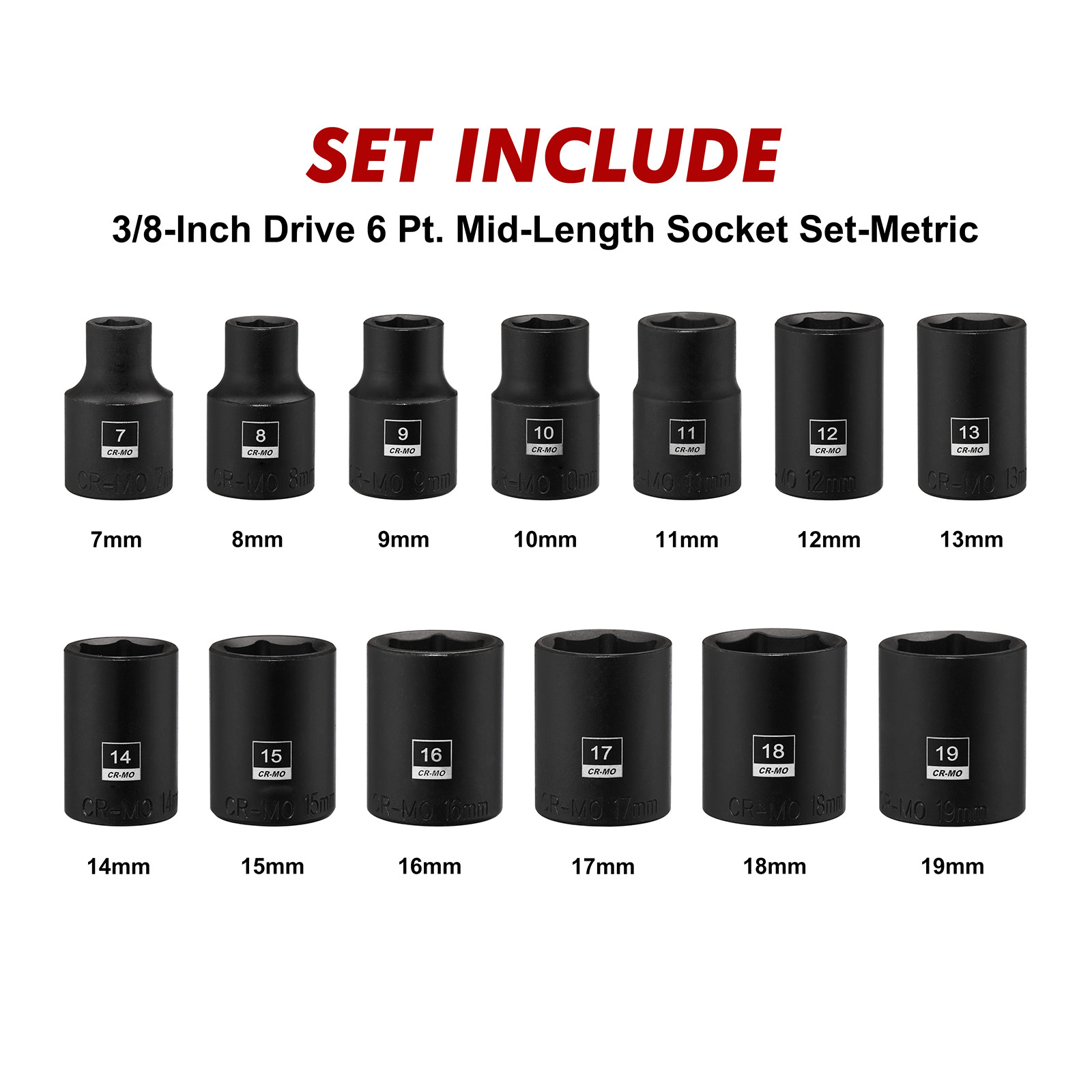 13PCS 3/8″Drive Magnetic Socket Set, Shallow, 6-Point, Metric, 7mm to 19mm CR-MO