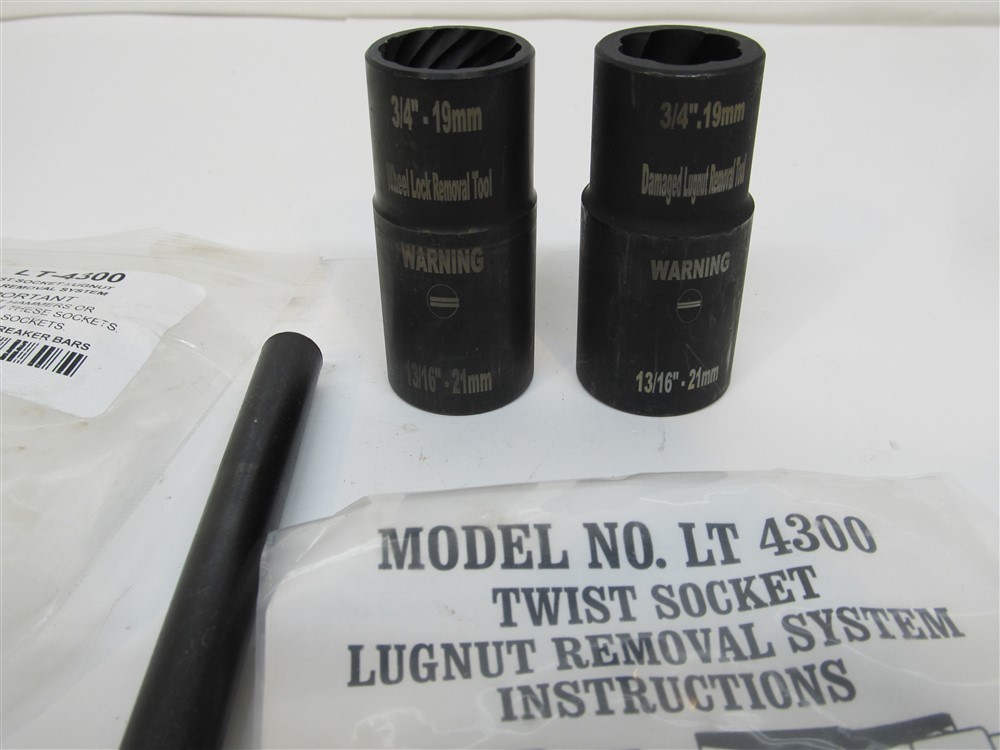 LTI LT-4300, 3 Pc. Twist Socket Lug Nut Removal 1/2″ Dr. 3/4″-19mm, 13/16″ -21mm