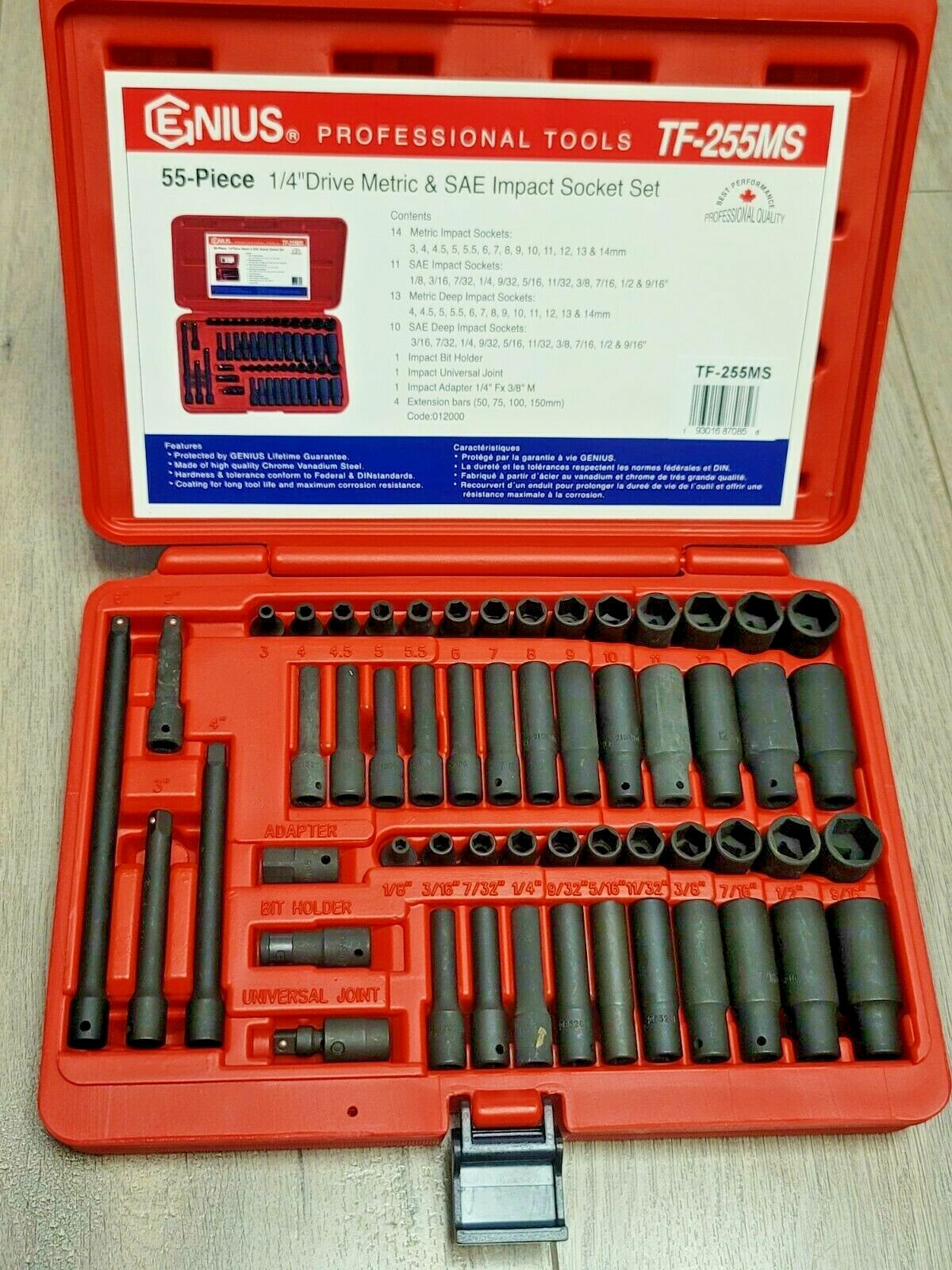 Genius Tools 55pc 1/4″ drive Master SAE & Metric Impact Socket Set #TF-255MS
