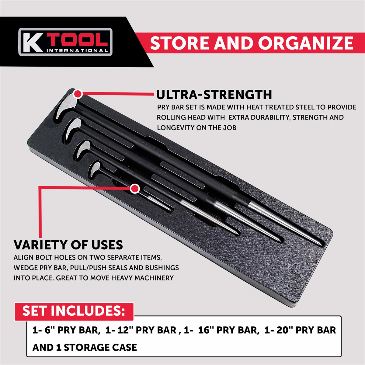 K Tool International 71600 Heat Treated Pry Bars With Rolling Head Design