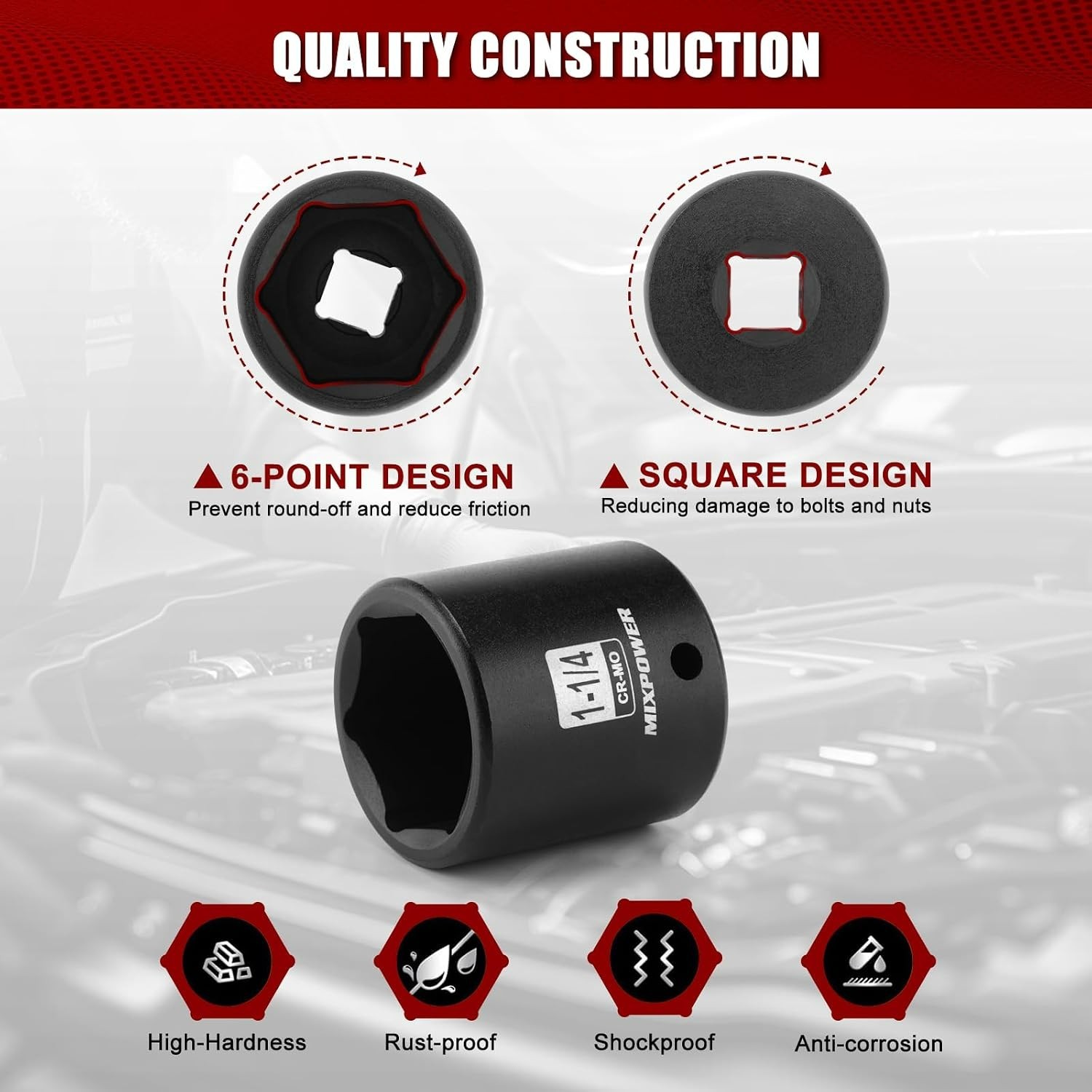 High Torque Shallow Impact Socket 1-1/4″ for 1/2″ Drive Tools— Included