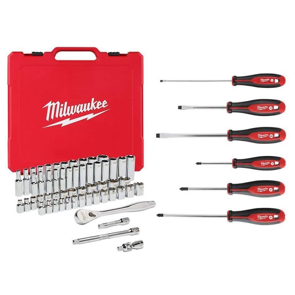 Milwaukee 3/8 in. SAE/Metric Ratchet & Socket Mechanics 56 pc & Screwdriver Set