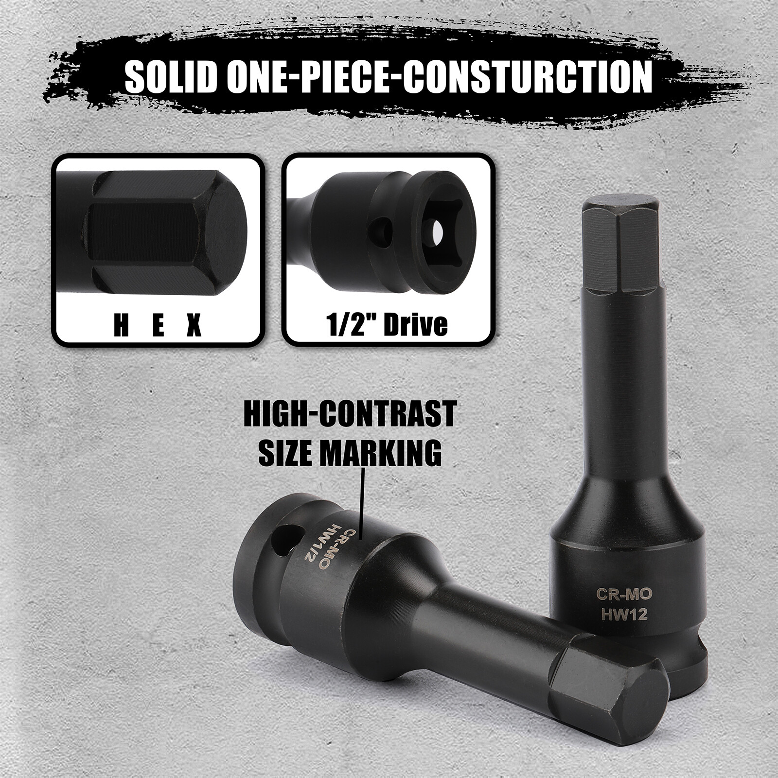 1/2″ Drive Master Impact Hex Bit Set SAE 1/4″-3/4″,Metric 6mm-19mm Cr-Mo