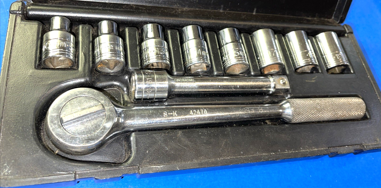 S-K TOOLS 10 PIECE 1/2 DRIVE RATCHET & EXTENSION & METRIC SHORT SOCKETS