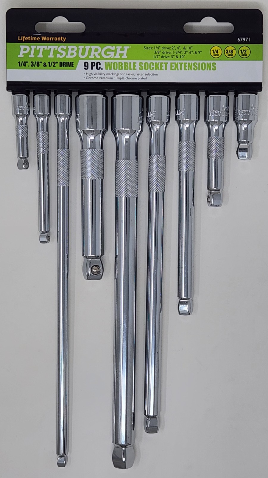 Pittsburgh 9 Piece Wobble Socket Extension Set 1/4in 3/8in 1/2 Drive 67971 61278