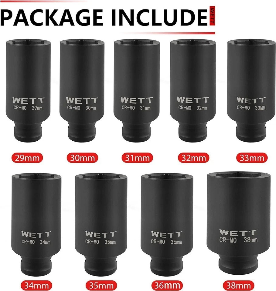 9-Pcs 1/2″Drive Deep 6-Point Impact Socket Set/Spindle Axle Nut Metric 29mm-38mm