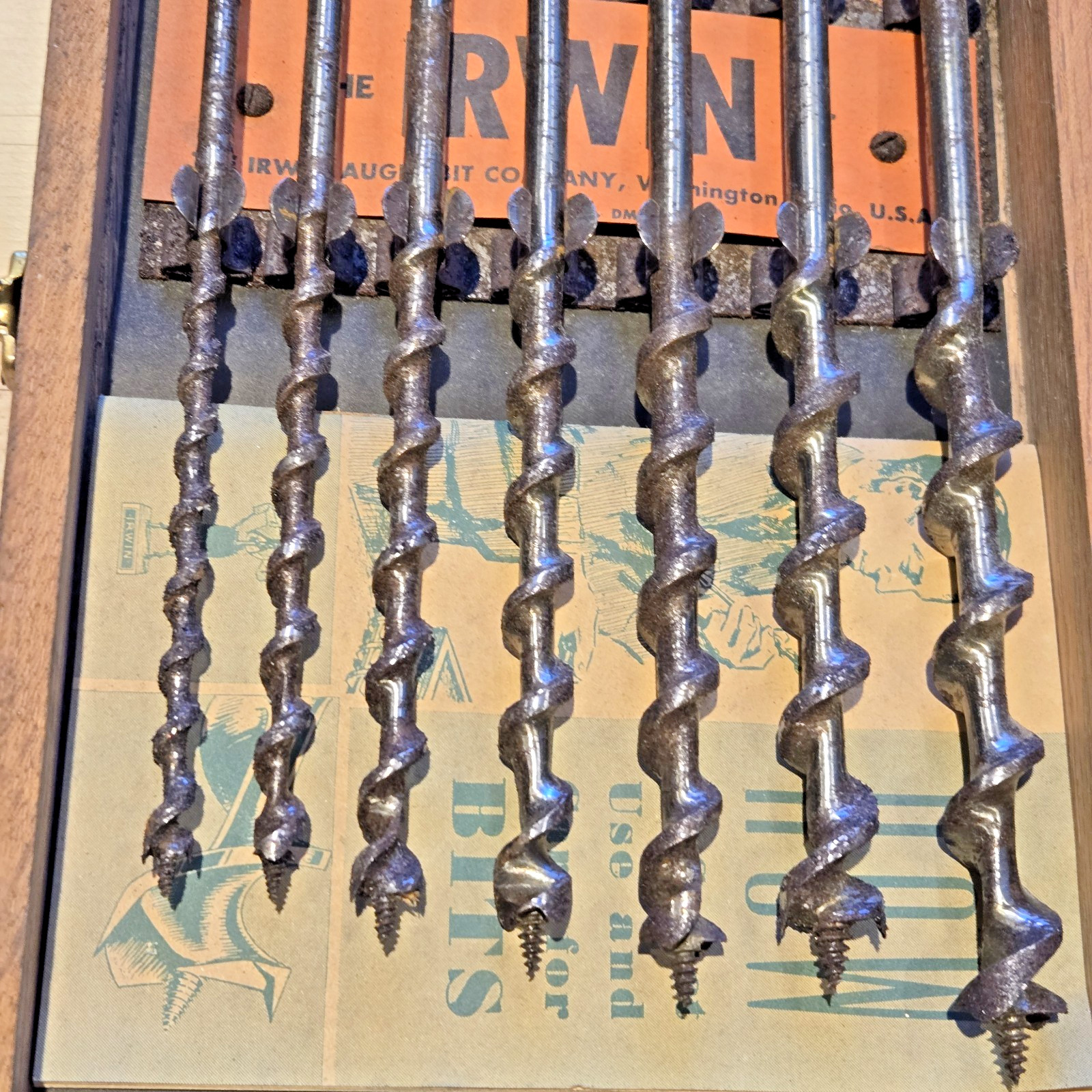 IRWIN Auger Bit Set in Oak Box with Original Booklet