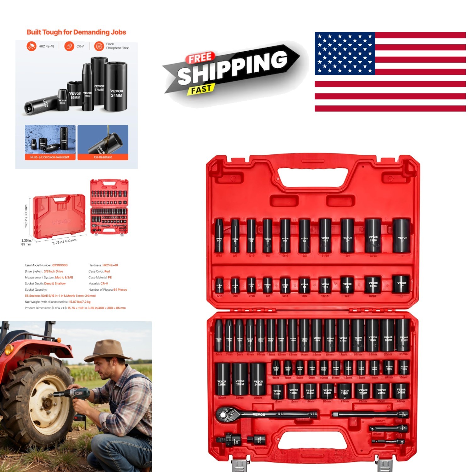 Impact Socket Set 64 Piece 3/8 Inch Drive Deep Shallow Chrome Vanadium Steel