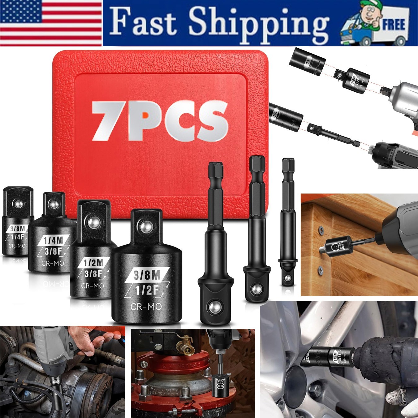 Impact & SAE Drill Socket Adapter Set Square & Hex Driver Wrench, Cr-Mo&CR-V Ste