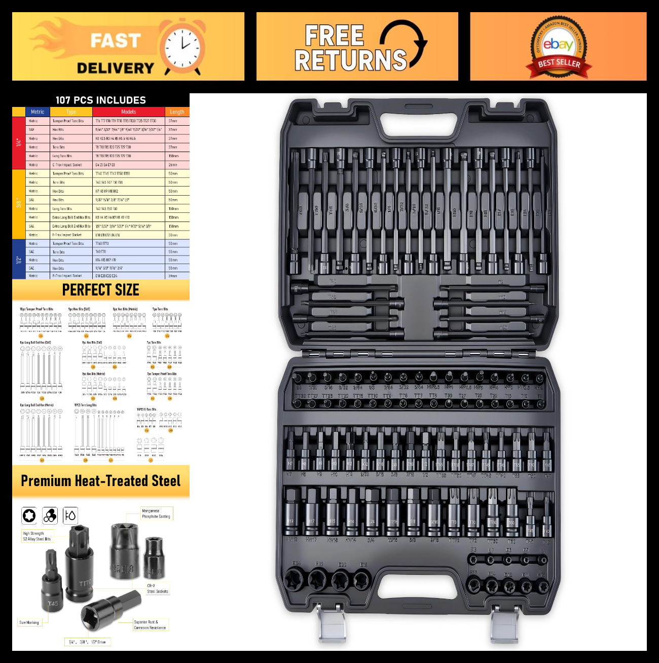 107-Piece Torx & Allen Bit Socket Set – S2 Steel, Long Ball End, SAE/Metric, Tam