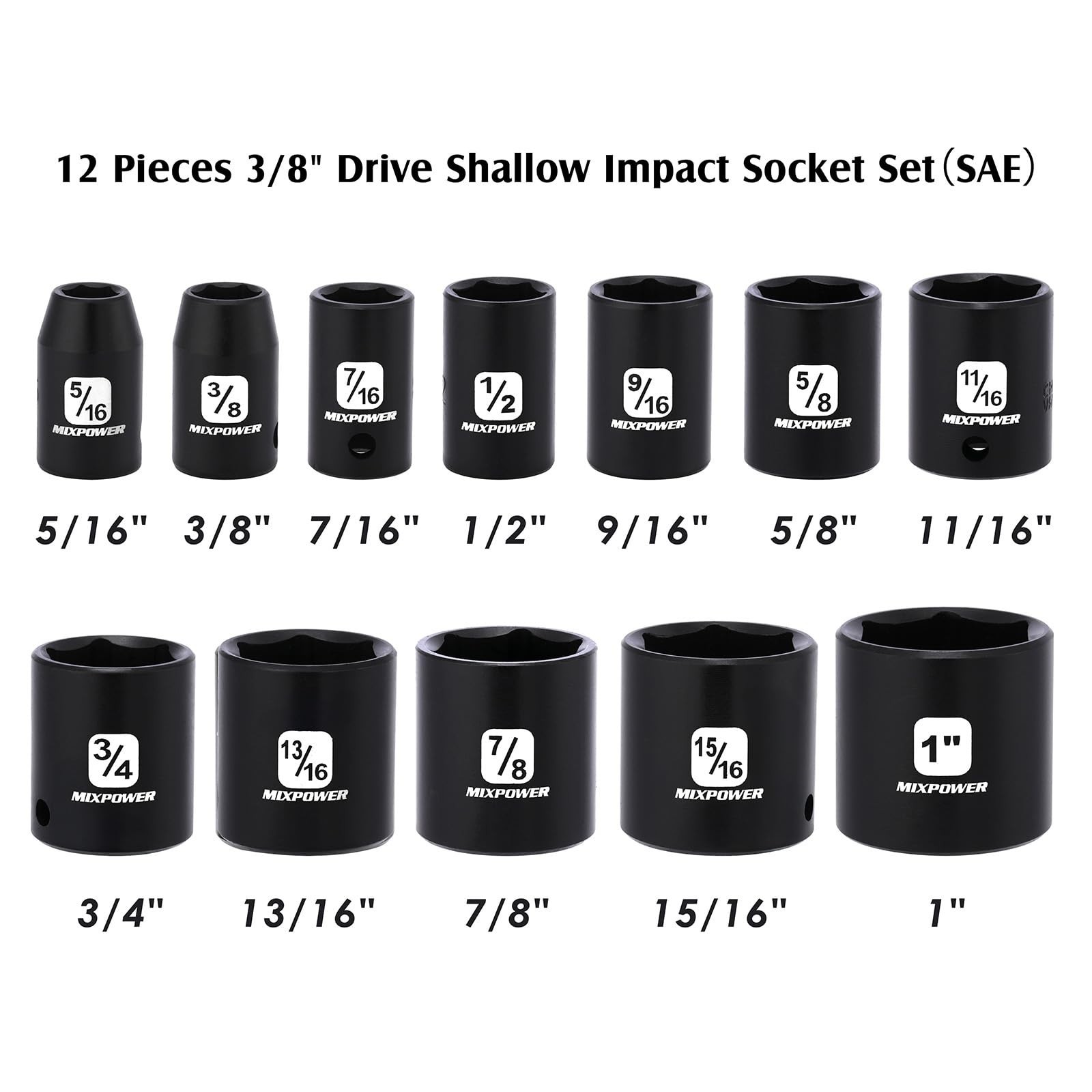 12-Piece 3/8″ Drive Shallow Impact Socket Set, SAE 6-Point, CR-V, 5/16″-1″ Sizes