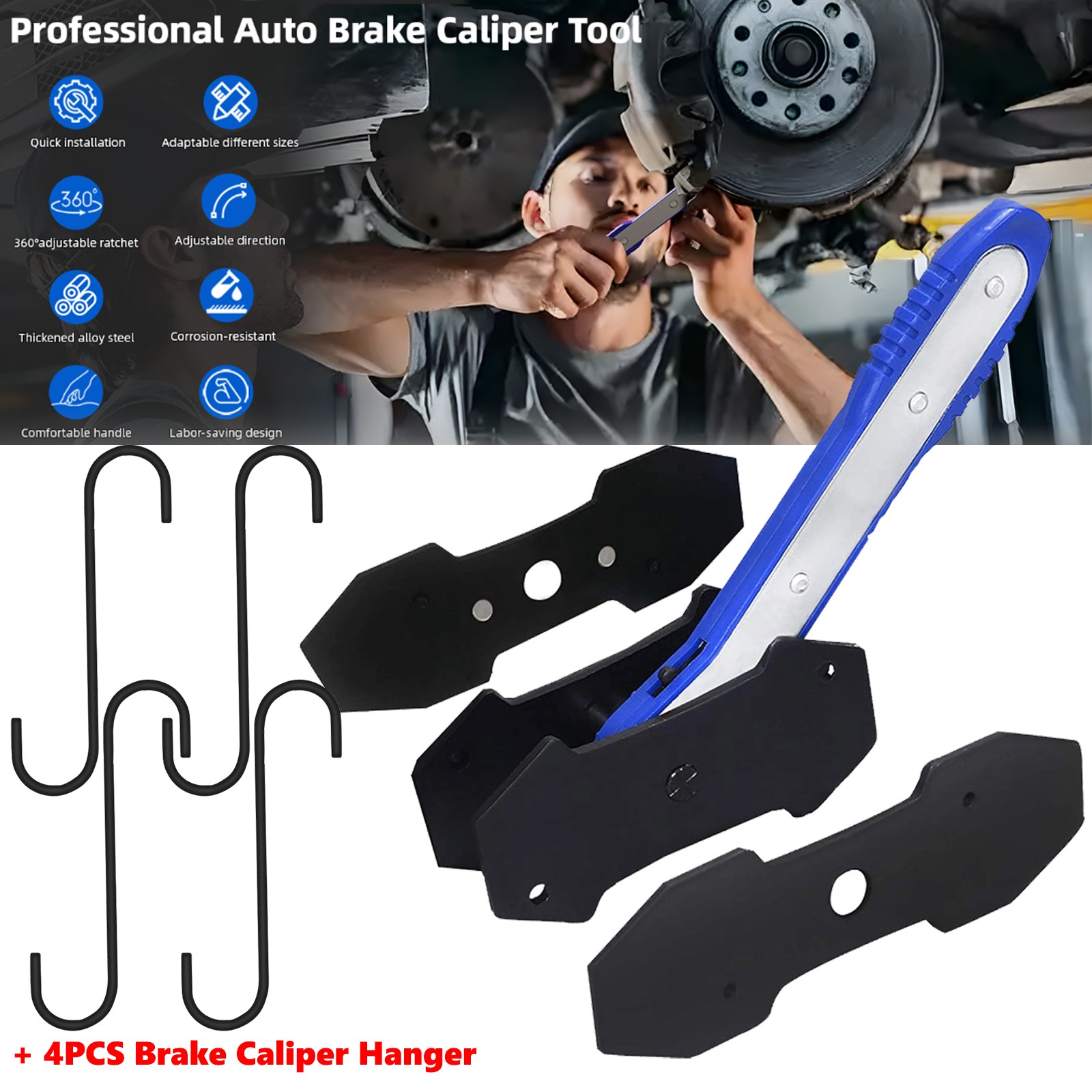 360°Adjustable Brake Caliper Compression Tool with 4PC Brake Caliper Hanger Blue