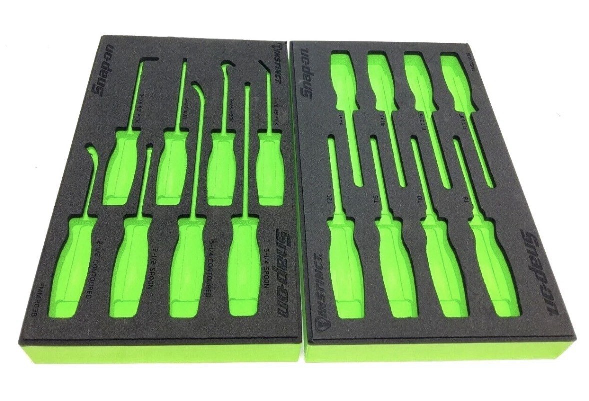 Snap-on Tools NEW 2pc GREEN FOAM ORGANIZERS Mini Screwdriver / Pick / Seal Sets
