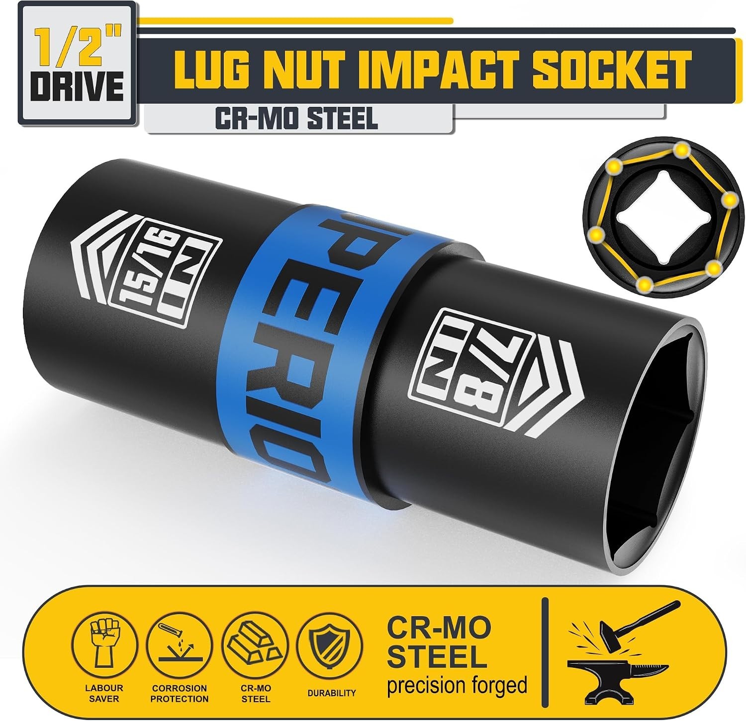 Effortless Lug Nut Removal – 1/2″ Drive Dual-Sided Impact Socket, Cr-V Steel