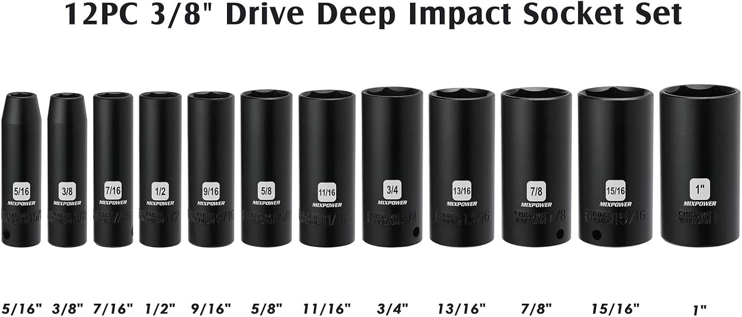 12 Pieces 3/8-Inch Drive Deep Impact Socket Set, 5/16 to 1 inch, CR-V, SAE, 6…