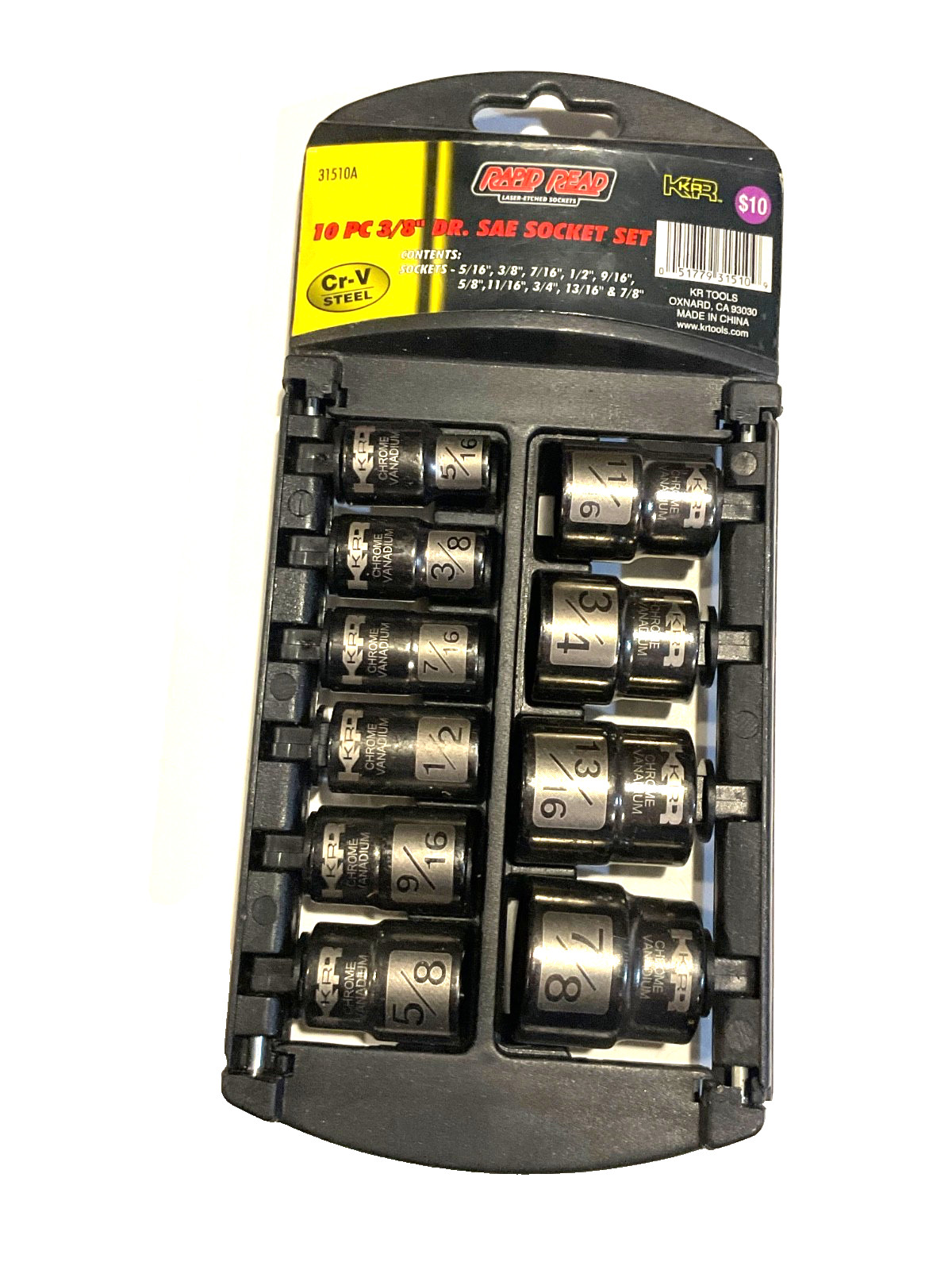 10-pc. KR TOOLS 3/8” DRIVE SAE SOCKET SET, RAPID READ, 31510A