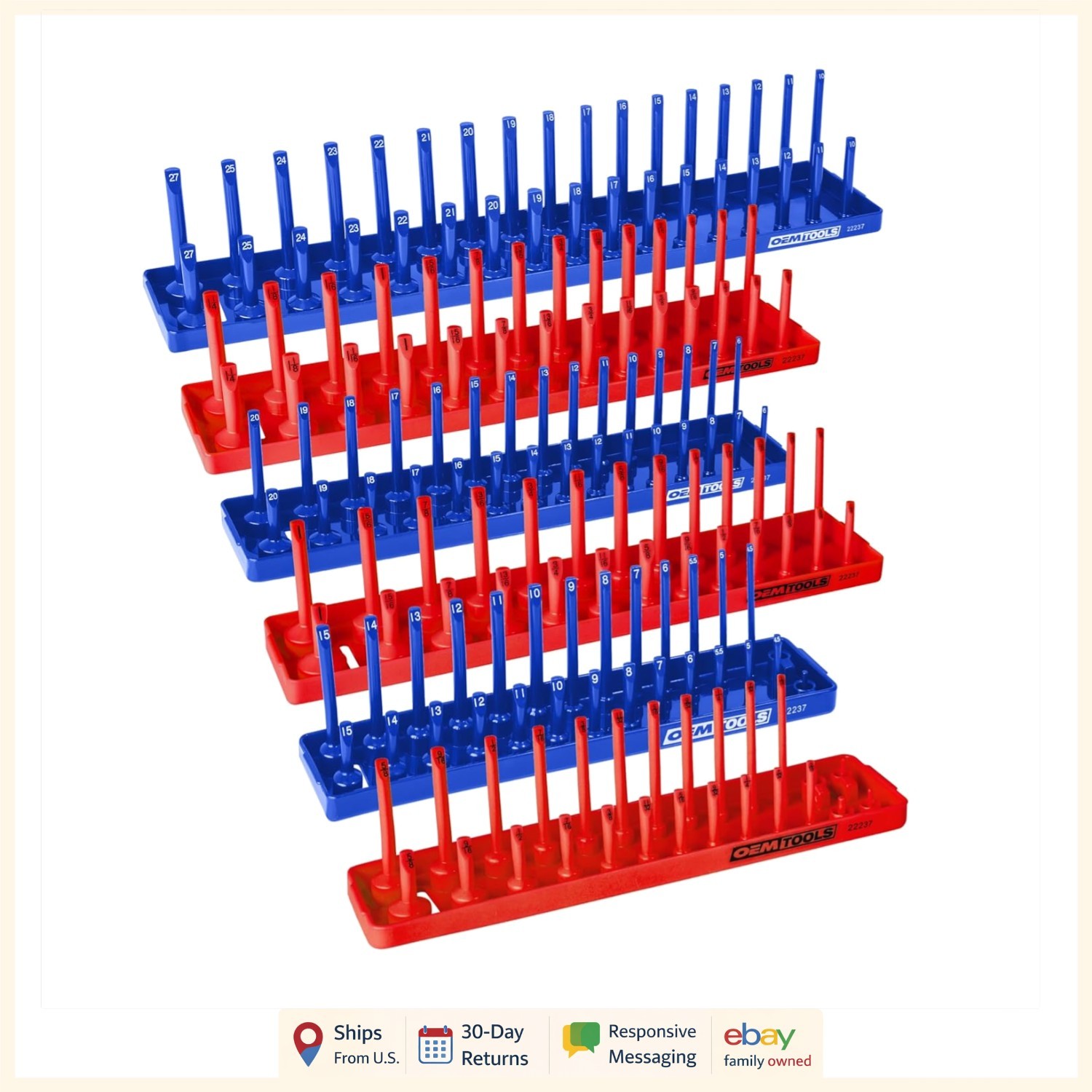 6 Piece Socket Tray Set for SAE and Metric Storage, Red and Blue Organizer