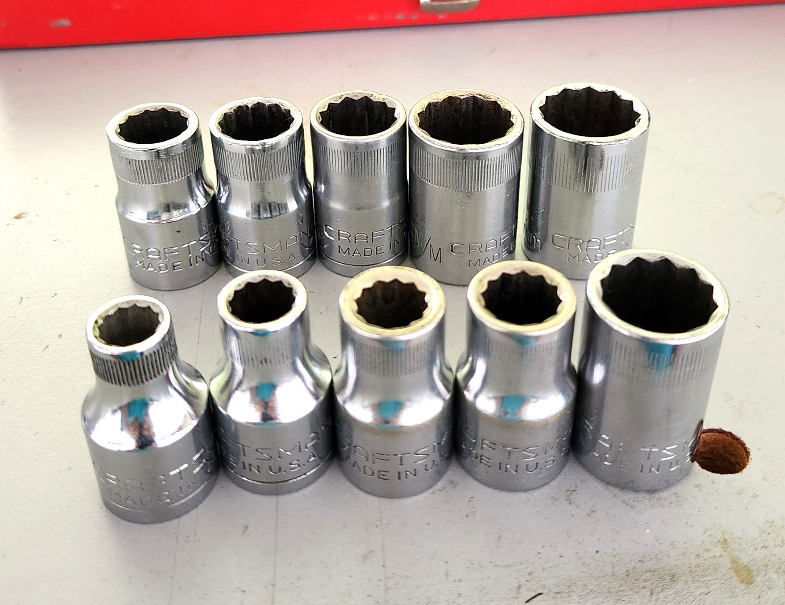 Vtg Craftsman USA 10 pc 1/2″ drive shallow metric socket set 12 pt 9mm-19mm