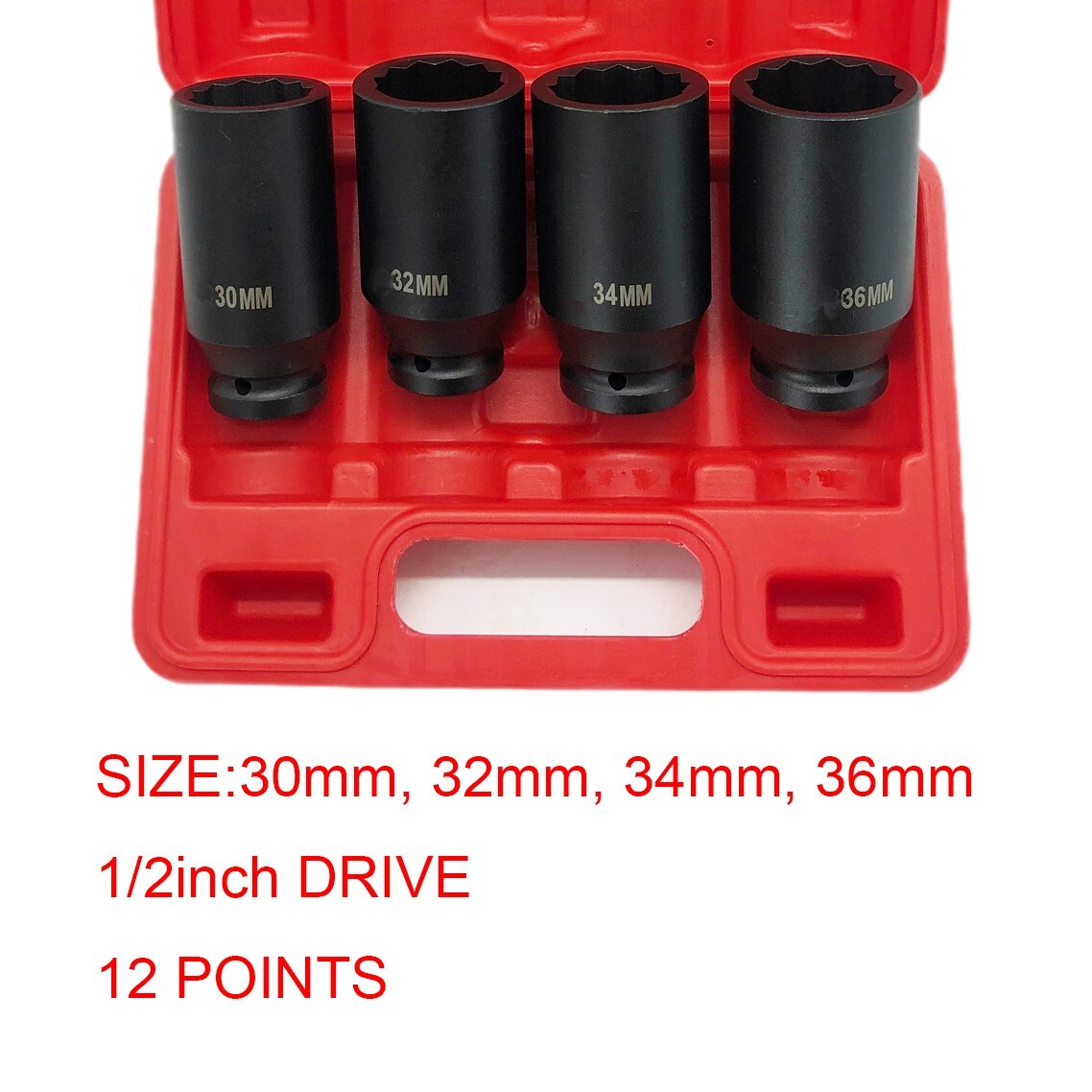 4pc 1/2″dr 12pt Metric SPINDLE/AXLE NUT DEEP IMPACT SOCKET SET CrMo Blk PO4