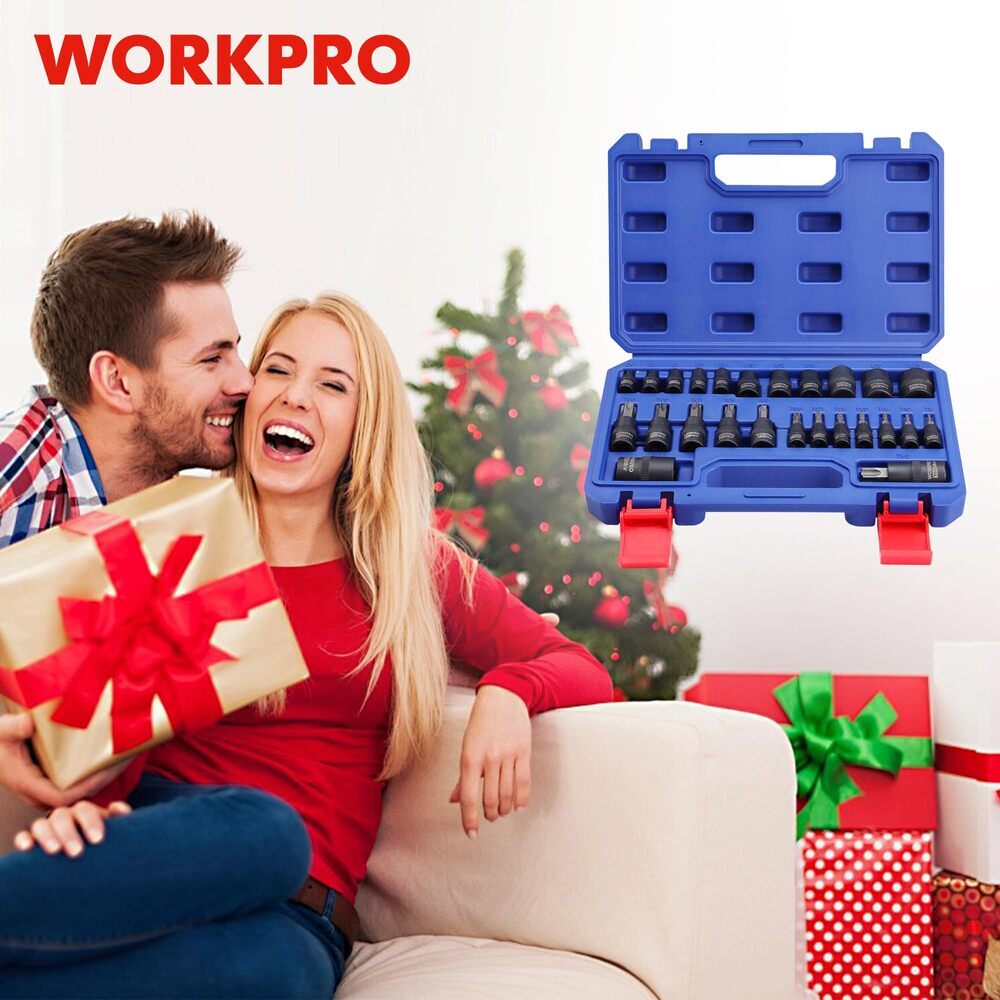 WORKPRO 25PCS Torx Bit Socket External Sockets 1/4″ 3/8″ 1/2″ Dr Torx Bit Socket