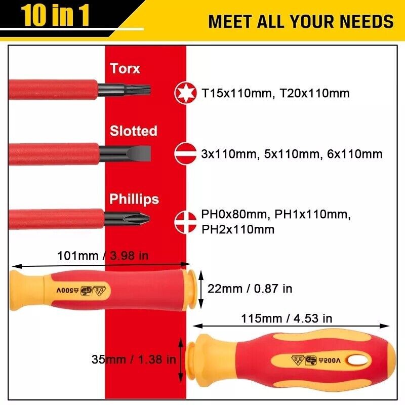 500V Insulated Electrician Screwdriver Set 10 PC All-in-One Magnetic Tip
