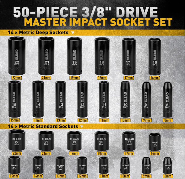 3/8» Drive Impact Socket Set 50Pcs Shallow & Deep Socket Set Metric & Standard
