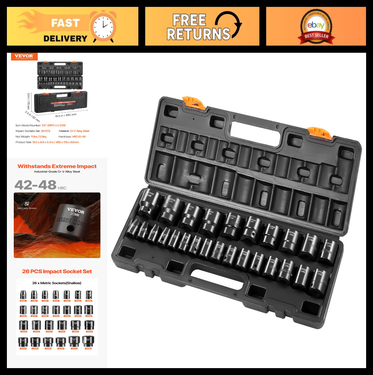 26-Piece 1/2″ Drive Impact Socket Set, Metric (10-36mm), CR-V Durable Tool Kit