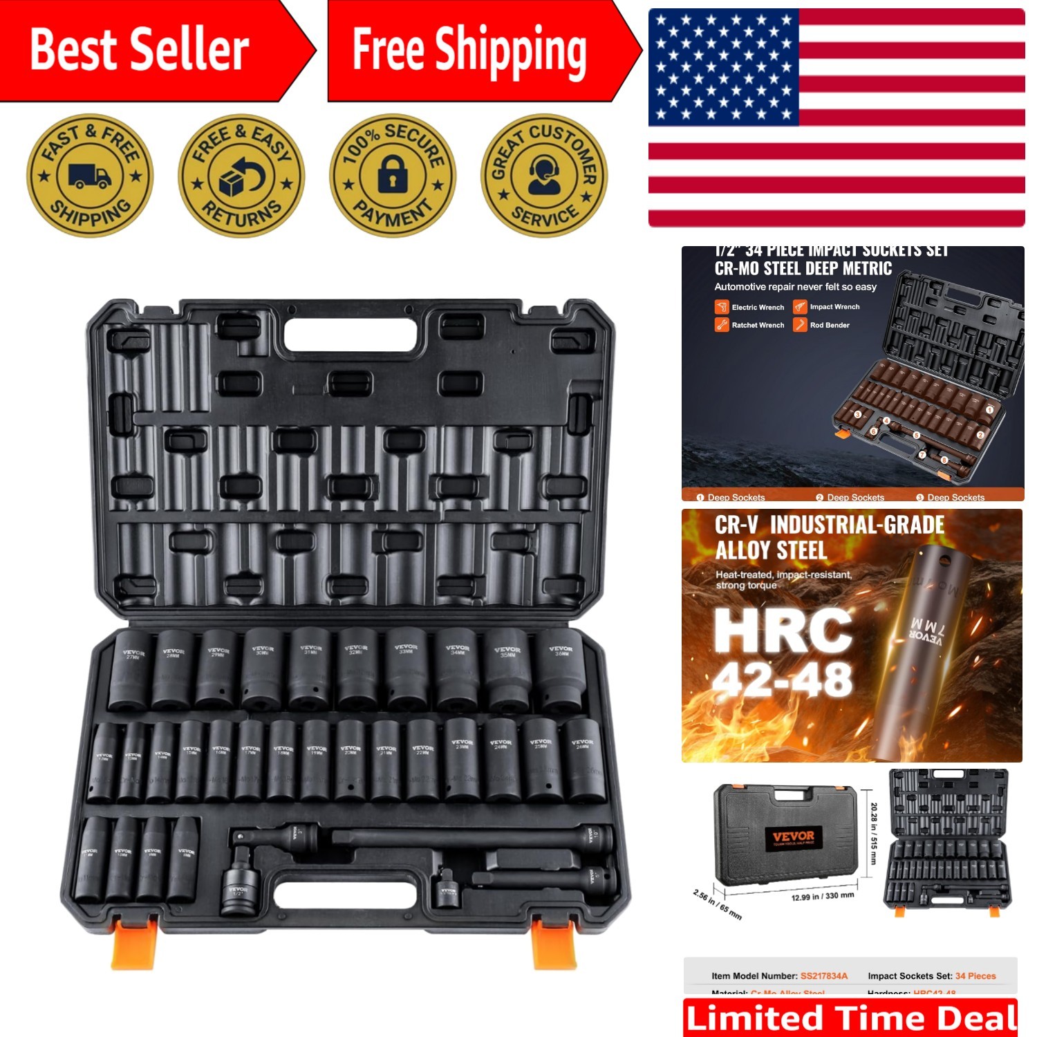 Durable 34-Piece 1/2″ Drive Impact Socket Set for Mechanics – High Torque Design