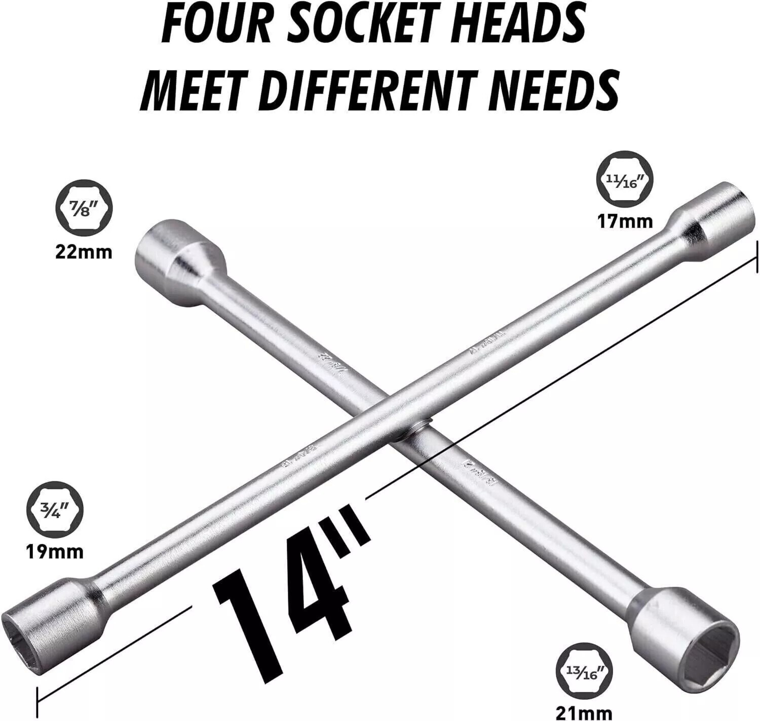 Heavy Duty 14-Inch Universal 4-Way Tire Iron Wheel Lug Nut Wrench Tool Silver .