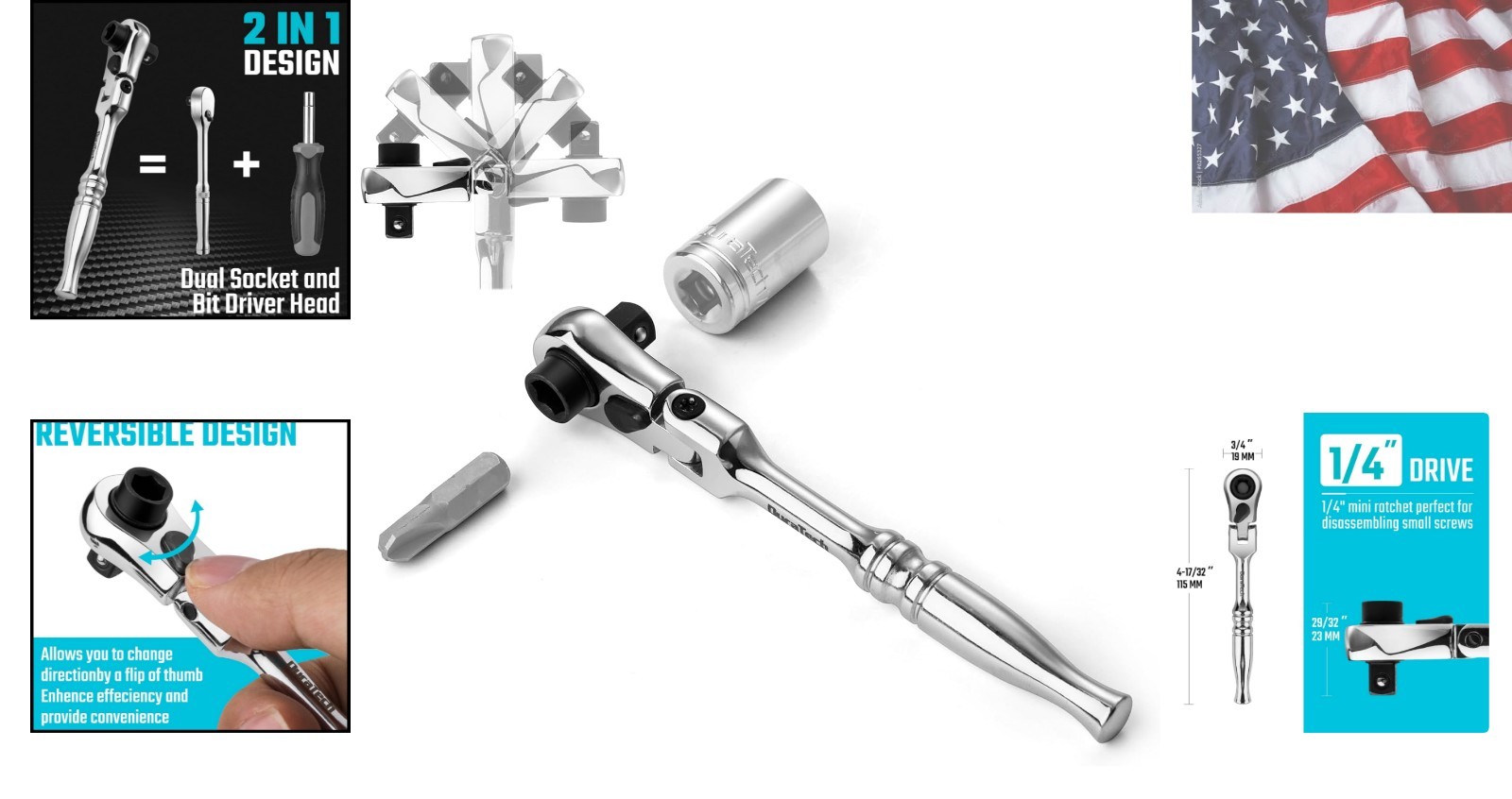 1/4″ Drive Ratchet Handle, 2 in 1 Flex Head Ratchet, Socket&Bit Driver, 72-To…