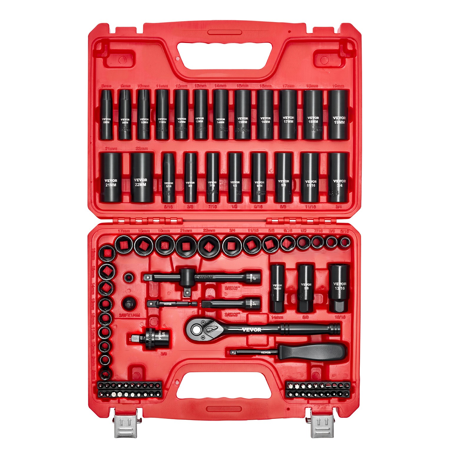 VEVOR 3/8 in Drive Impact Socket Set 96 Piece SAE 5/16 to 3/4 in Metric 8-22 mm