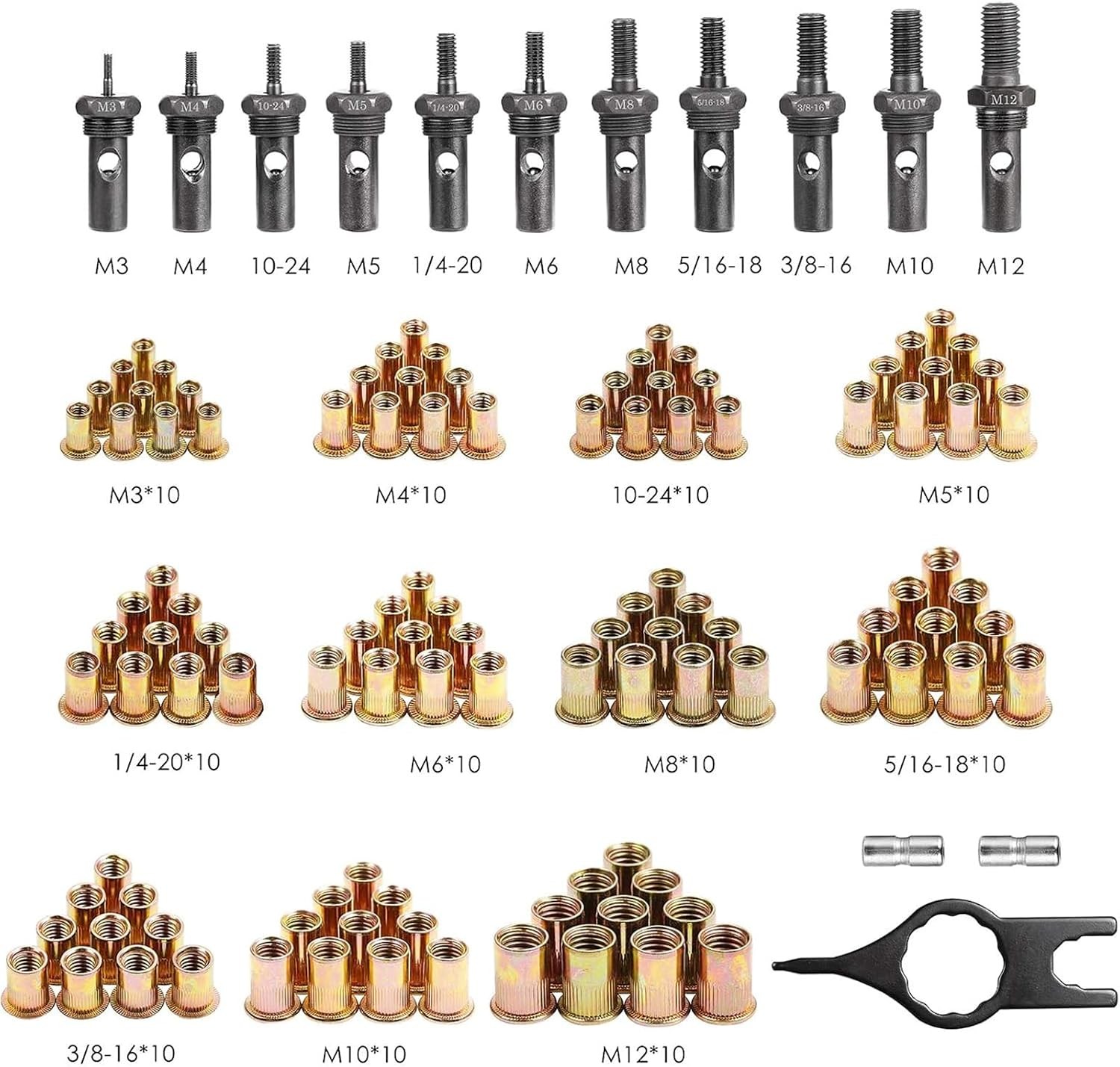 16″ Rivet Nut Tool Professional Kit with 11 Metric & Inch Mandrels M3 M4 M5 M6