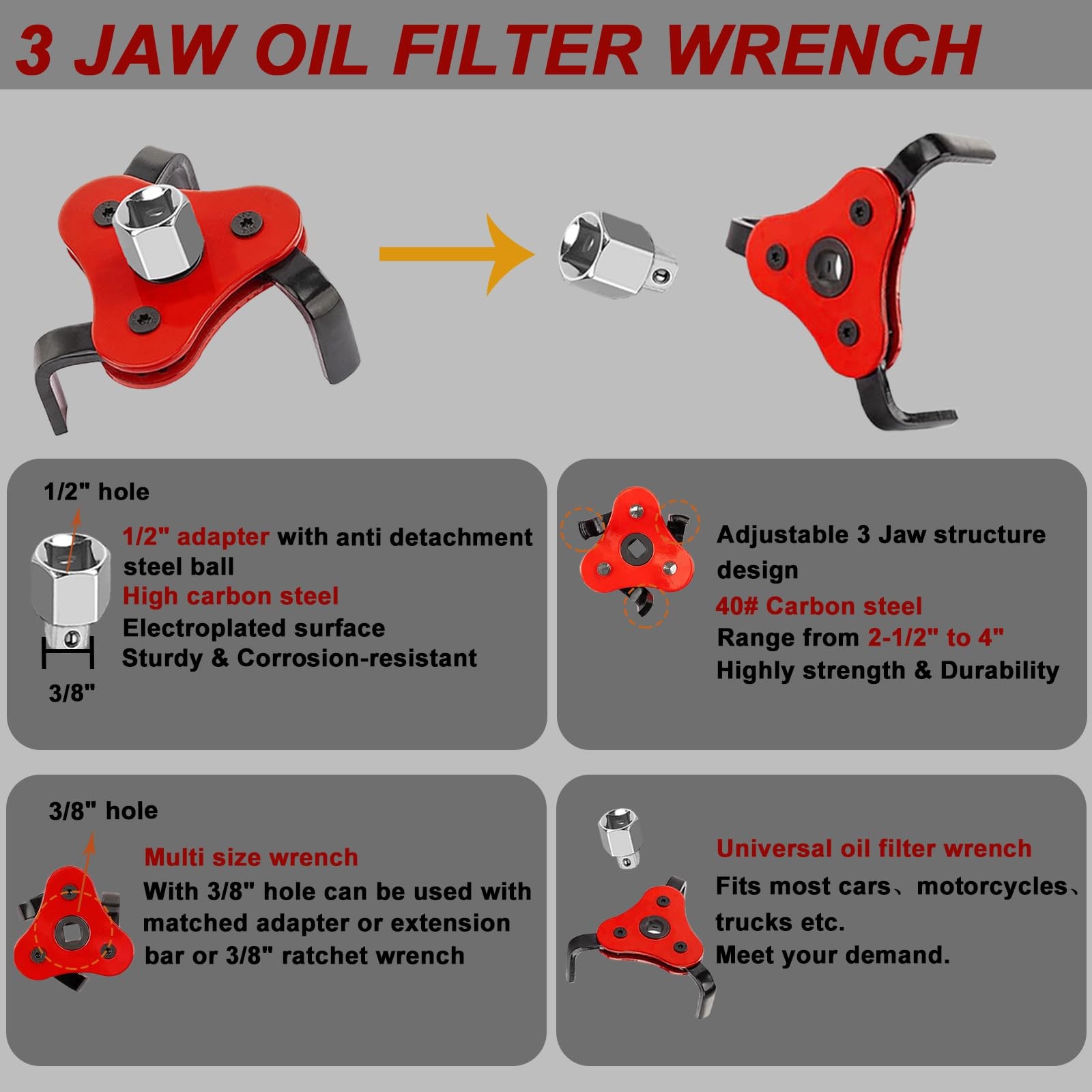 4-Piece Oil Filter Pliers Set 3-Jaw Wrench 9″ and 12″ Pliers Snap Funnel