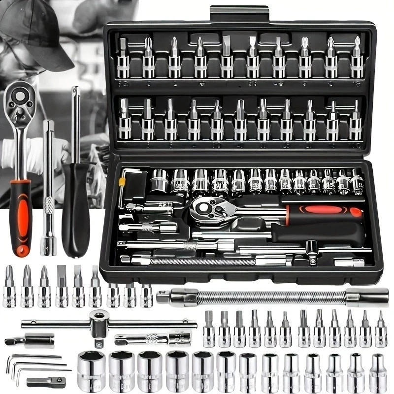 46pcs 1/4″ Heavy-Duty Socket Set With Quick-Release Ratchet, Screwdriver Kit