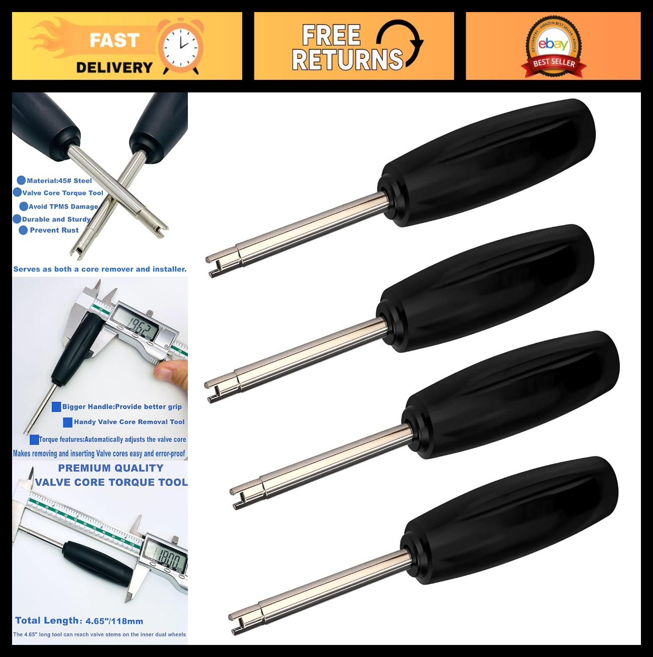 4-Piece Valve Core Torque Tool Set for TPMS, Prevent Over/Under Torquing, Black/