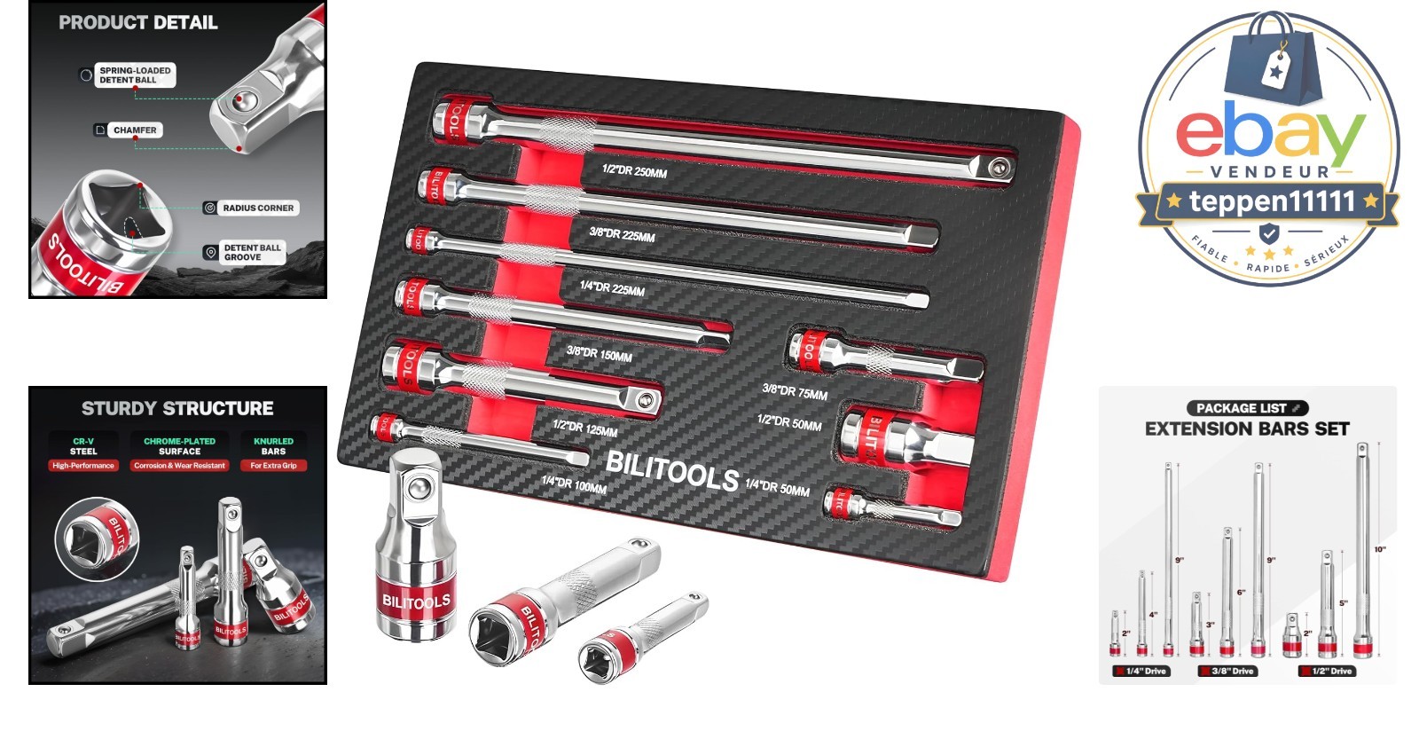 9 PCS Ratchet Extension Set 1/4″ 3/8″ 1/2″ Drive CR-V Steel EVA Foam Tray