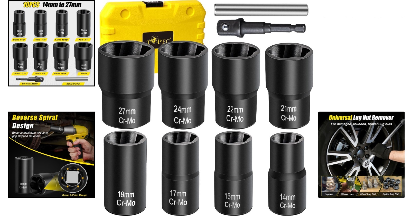 10-Piece Lug Nut Remover Set – Chrome Molybdenum Steel Impact Tool Kit