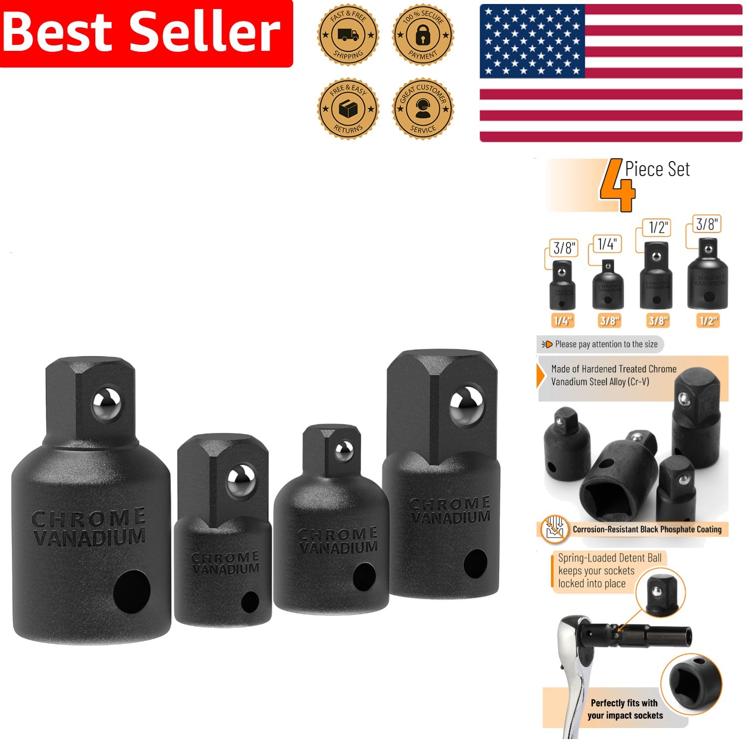 Bates 4pc Impact Socket Adapter Reducer Set Chrome Vanadium Steel Black Oxide