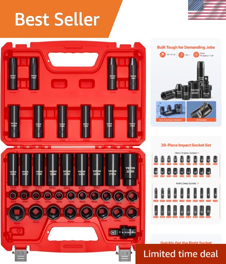 39-Piece Impact Socket Set 1/2″ Drive, Metric 9 to 30 mm Size, Deep & Shallow…