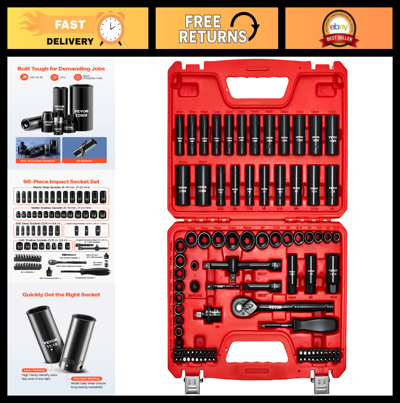 96-Piece 3/8″ Drive Impact Socket Set – SAE & Metric, Deep/Shallow, 6 Point, Rat