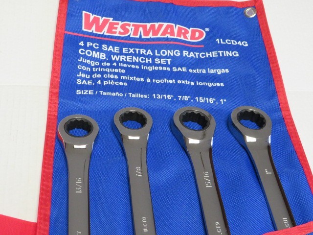 SAE EXTRA LONG RATCHETING COMBINATION WRENCH SET SIZES: 13/16″, 7/8″, 15/16″, 1″