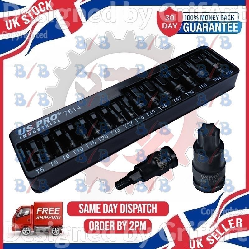 US PRO INDUSTRIAL 16PC 1/4″ 3/8″ 1/2″ DRIVE IMPACT TORX SOCKET BIT SET T6 TO T70