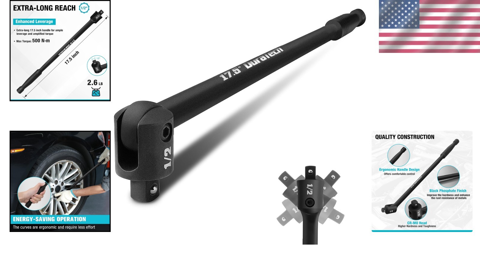 Flexible 17.5-Inch Breaker Bar with 240° Flex Head