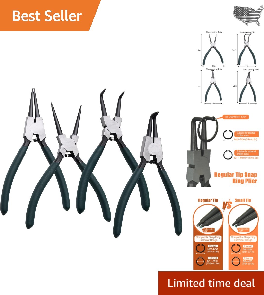 Ergonomic 4PCS Snap Ring Pliers Set – 7-Inch Circlip Tool Kit with Durable Steel