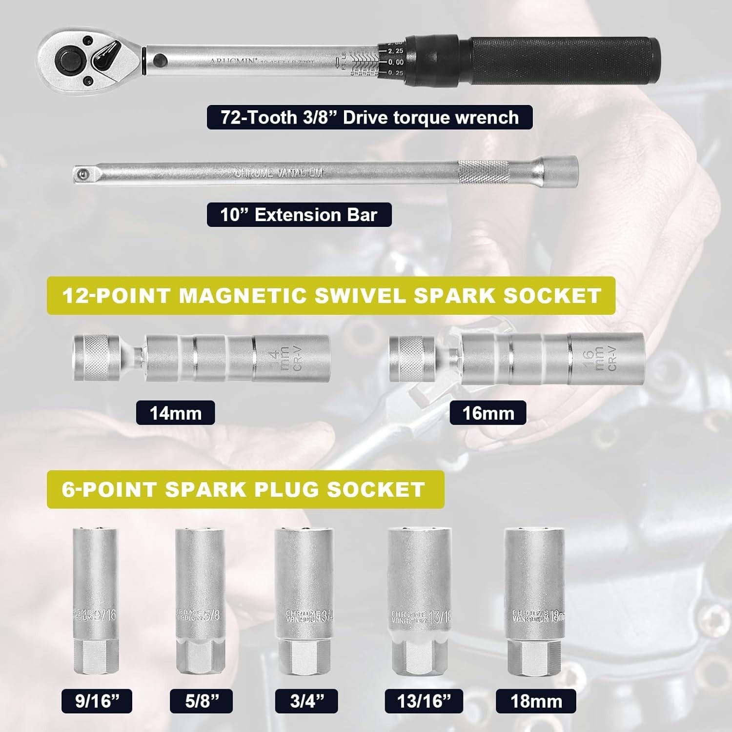 9-Piece Magnetic Spark Plug Socket Set with 3/8 Inch Drive Torque Wrench,…