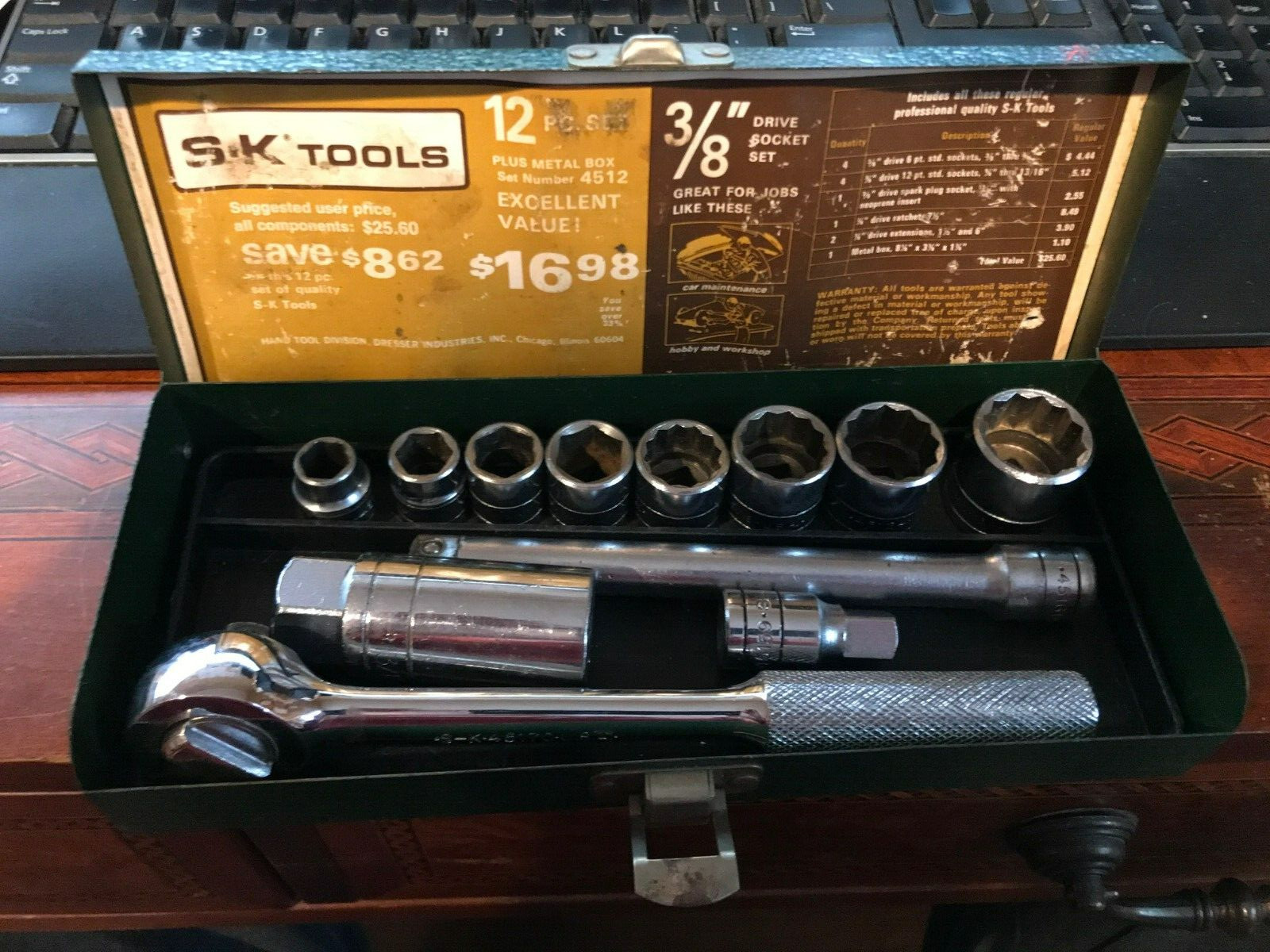Vintage S-K SK Tools- 3/8” Drive Socket Set #4512 w/ 12 Pieces & Metal Case USA!