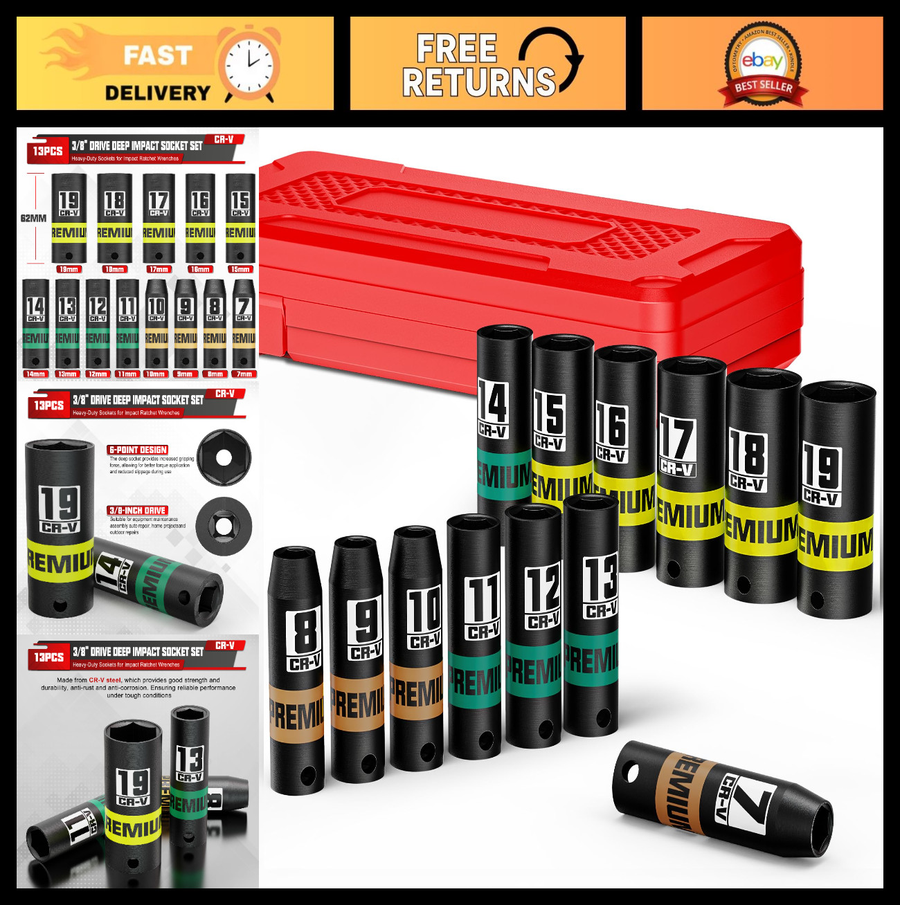 13-Piece 3/8″ Drive Deep Impact Socket Set, 7-19mm, Heavy-Duty CR-V, 6 Point, Au