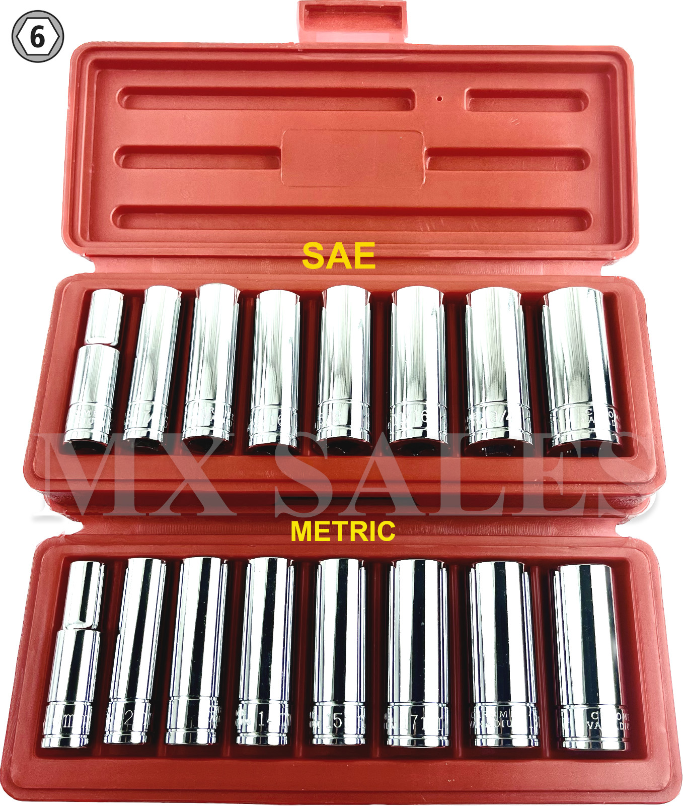 16pc 3/8″ Drive Deep Chrome Socket Set SAE & Metric 6 Point Sockets w/ Case New